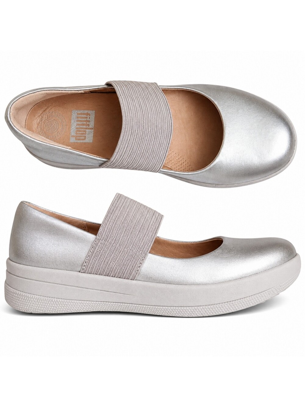 FitFlop Silver Mary Jane Comfort Flats Womens Size 7 Elastic Strap Round Toe